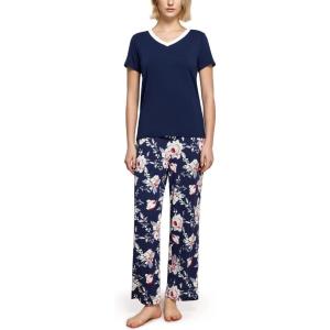 GYS Womens Bamboo Viscose Pajamas Set Super Soft Short Sleeve Top and Pants Pj Sleepwear Sets(Navy Peony)