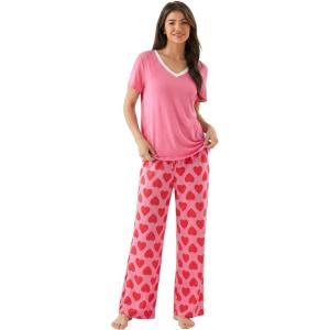 GYS Womens Bamboo Viscose Pajamas Set Super Soft Short Sleeve Top and Pants Pj Sleepwear Sets(Pink Heart)