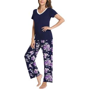 GYS Womens Bamboo Viscose Pajamas Set Super Soft Short Sleeve Top and Pants Pj Sleepwear Sets(Purple Floral)