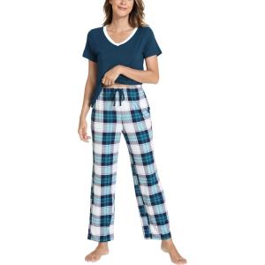 GYS Womens Bamboo Viscose Pajamas Set Super Soft Short Sleeve Top and Pants Pj Sleepwear Sets(White Green Plaid)