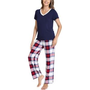 GYS Womens Bamboo Viscose Pajamas Set Super Soft Short Sleeve Top and Pants Pj Sleepwear Sets(White Red Plaid)