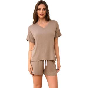 LazyCozy Striped Pajama Set for Women, Viscose Made from Bamboo, Short Sleeve Shirt with Sleep Shorts Soft PJ Set(Camel)