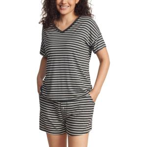 LazyCozy Striped Pajama Set for Women, Viscose Made from Bamboo, Short Sleeve Shirt with Sleep Shorts Soft PJ Set(Charcoal Stripe)