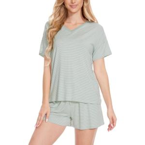 LazyCozy Striped Pajama Set for Women, Viscose Made from Bamboo, Short Sleeve Shirt with Sleep Shorts Soft PJ Set(Green Stripe)