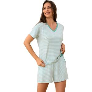 LazyCozy Striped Pajama Set for Women, Viscose Made from Bamboo, Short Sleeve Shirt with Sleep Shorts Soft PJ Set(Green White Stripe)