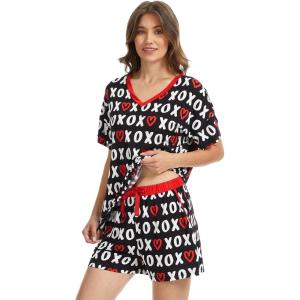 LazyCozy Striped Pajama Set for Women, Viscose Made from Bamboo, Short Sleeve Shirt with Sleep Shorts Soft PJ Set(Xoxo)