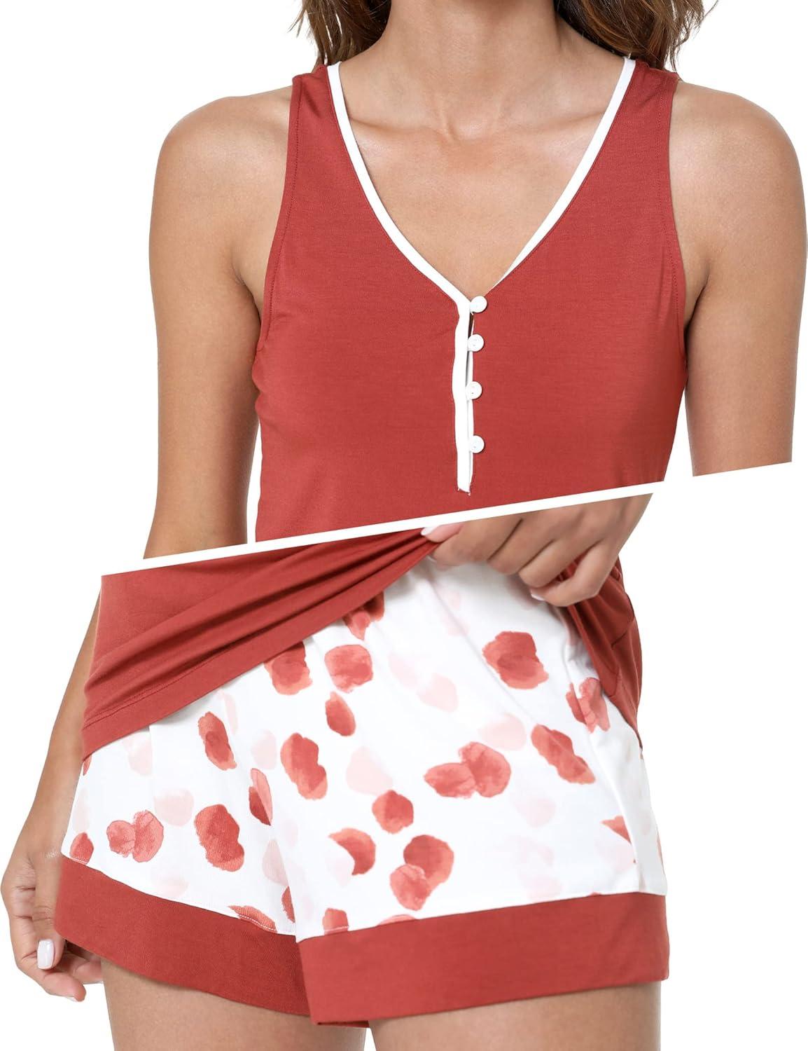 imageGYS Bamboo Viscose Pajamas for Women Ultra Soft Summer Tank Top and Shorts Sleepwear Set with Lace TrimB Brick Red