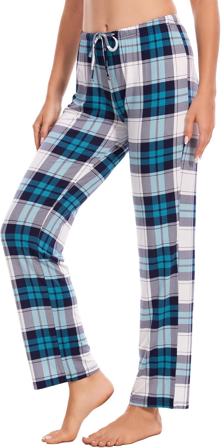 imageGYS Bamboo Viscose Womens Pajama Pants Lightweight Comfy Casual Lounge Yoga Pants Pj Bottoms Sleep Pants with DrawstringWhite Green Plaid