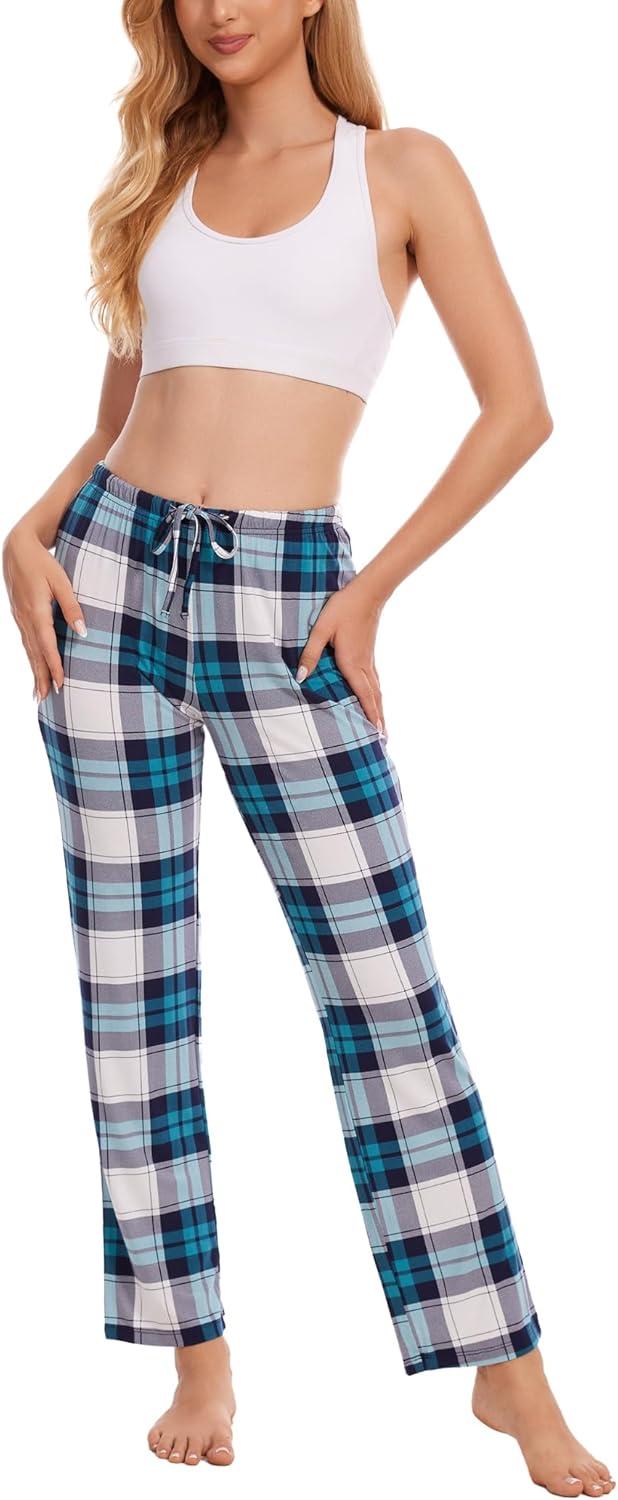 imageGYS Bamboo Viscose Womens Pajama Pants Lightweight Comfy Casual Lounge Yoga Pants Pj Bottoms Sleep Pants with DrawstringWhite Green Plaid