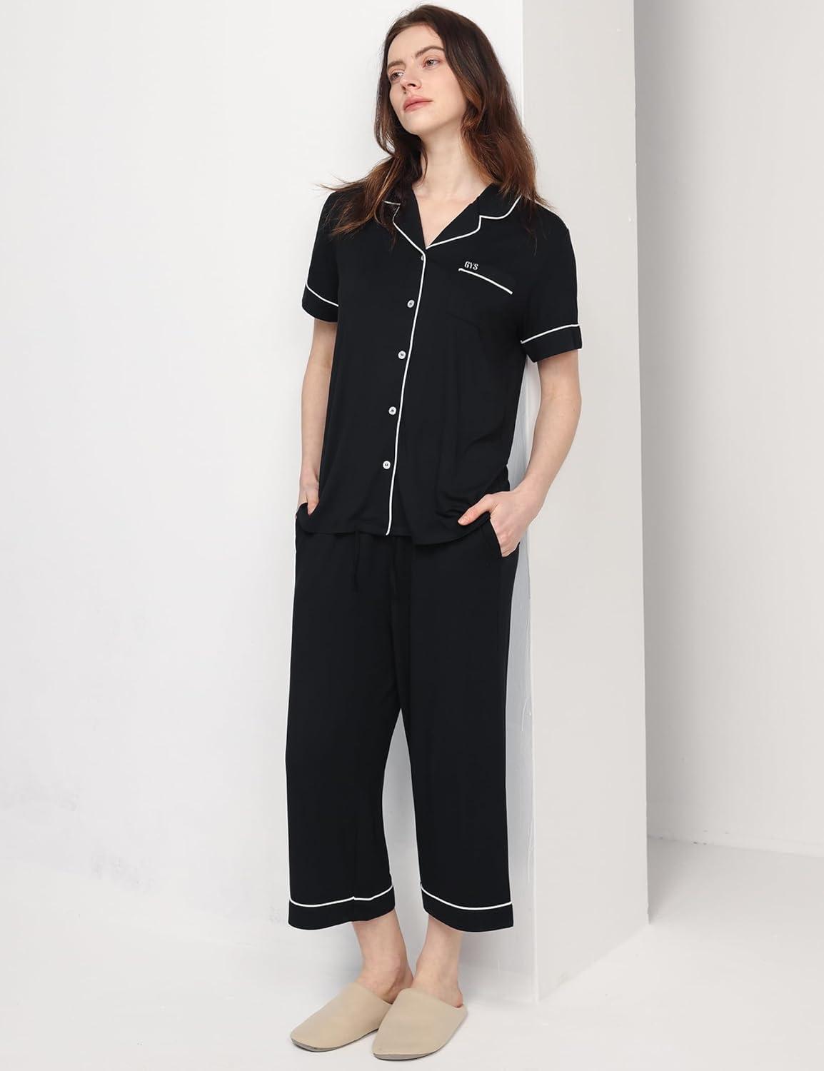 imageGYS Premium Womens Pajama Set Bamboo Viscose 2 Piece Short Sleeve SleepwearBlack