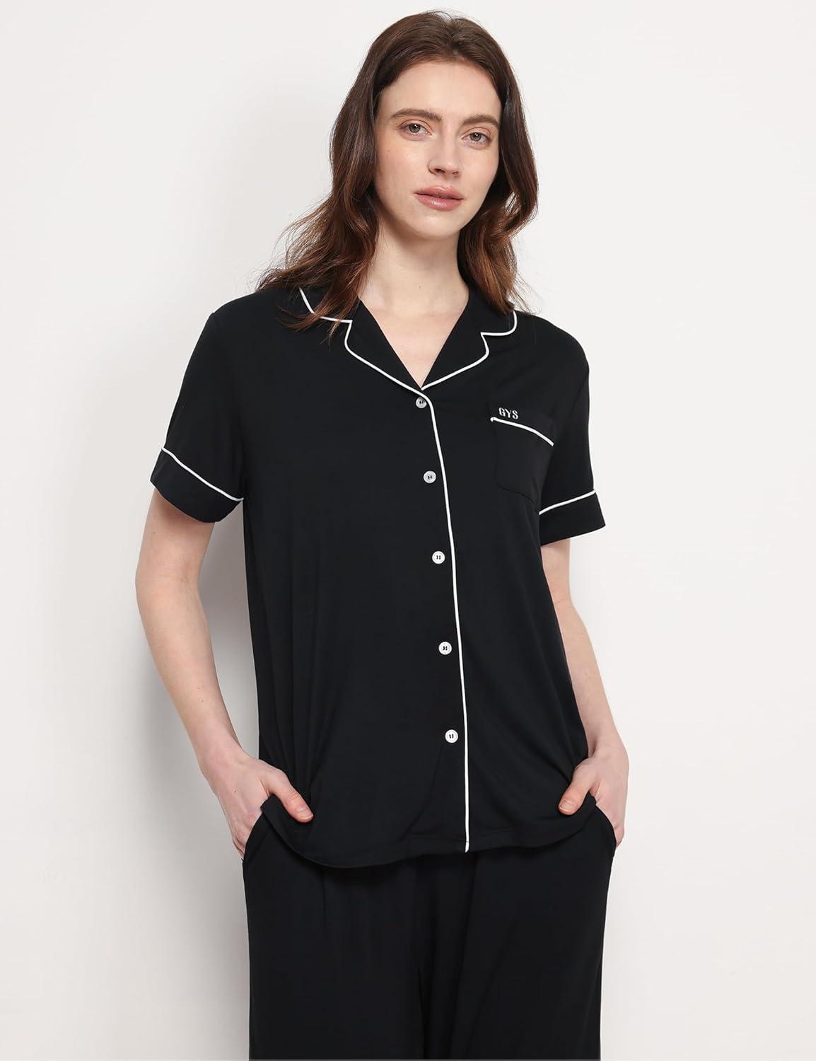 imageGYS Premium Womens Pajama Set Bamboo Viscose 2 Piece Short Sleeve SleepwearBlack