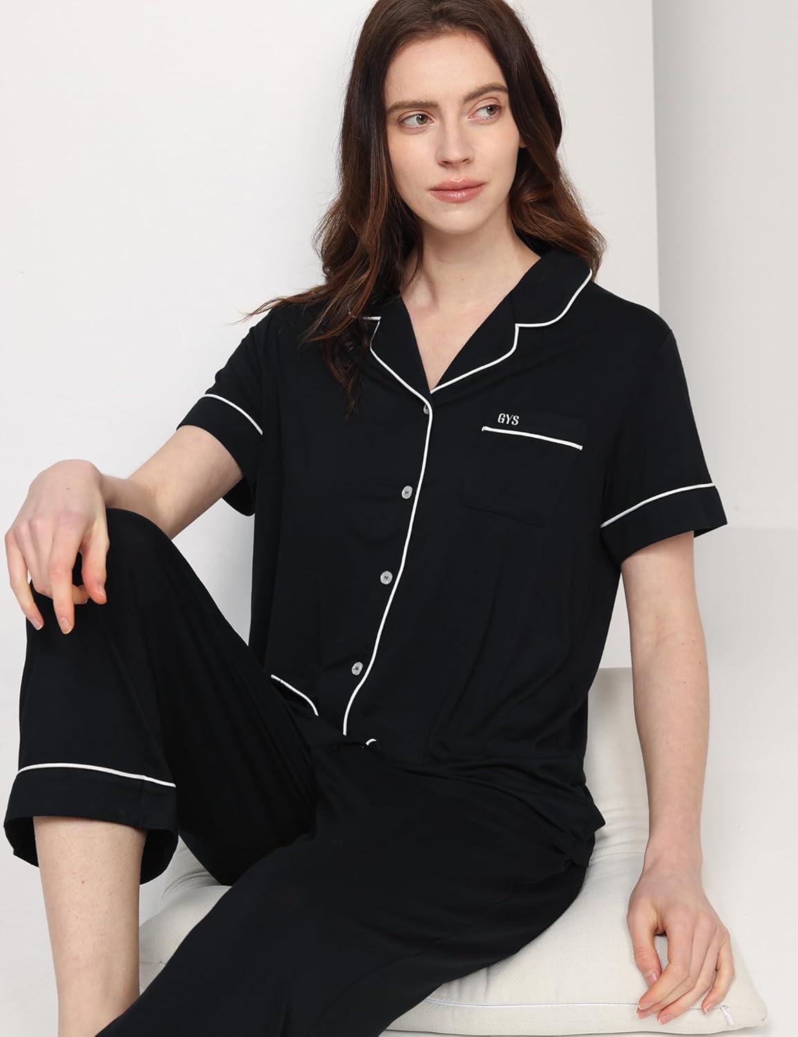 imageGYS Premium Womens Pajama Set Bamboo Viscose 2 Piece Short Sleeve SleepwearBlack