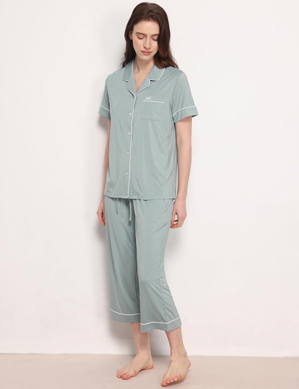 imageGYS Premium Womens Pajama Set Bamboo Viscose 2 Piece Short Sleeve SleepwearLight Greyish Green