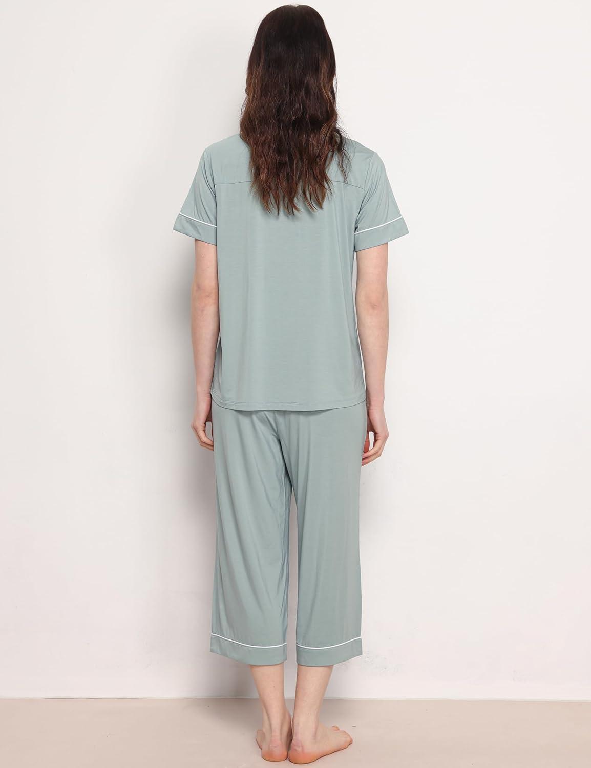 imageGYS Premium Womens Pajama Set Bamboo Viscose 2 Piece Short Sleeve SleepwearLight Greyish Green