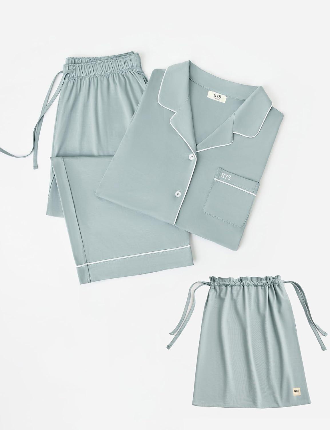 imageGYS Premium Womens Pajama Set Bamboo Viscose 2 Piece Short Sleeve SleepwearLight Greyish Green
