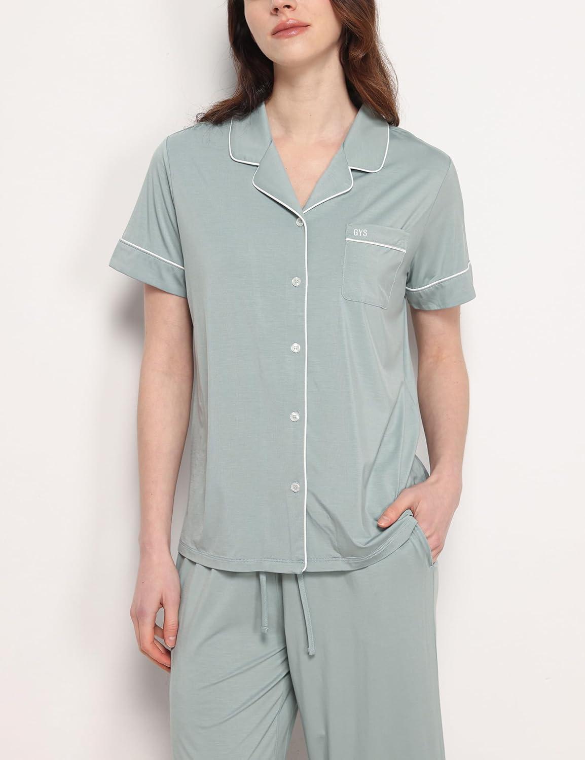imageGYS Premium Womens Pajama Set Bamboo Viscose 2 Piece Short Sleeve SleepwearLight Greyish Green