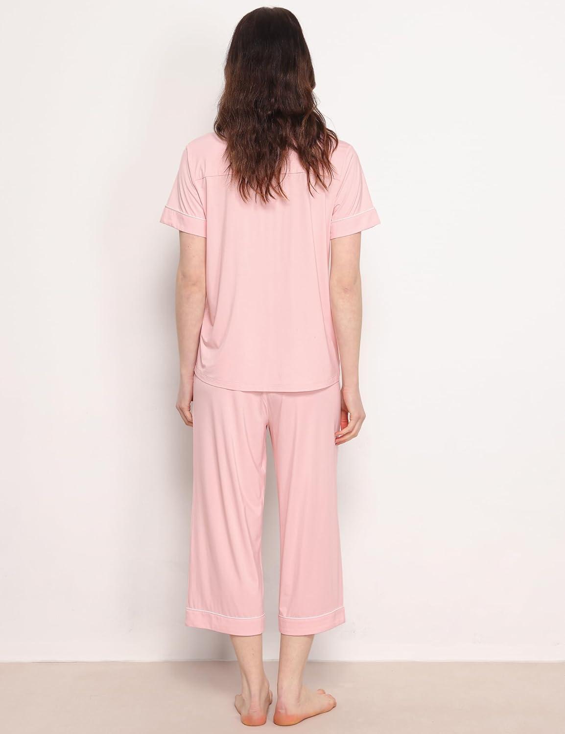 imageGYS Premium Womens Pajama Set Bamboo Viscose 2 Piece Short Sleeve SleepwearPink
