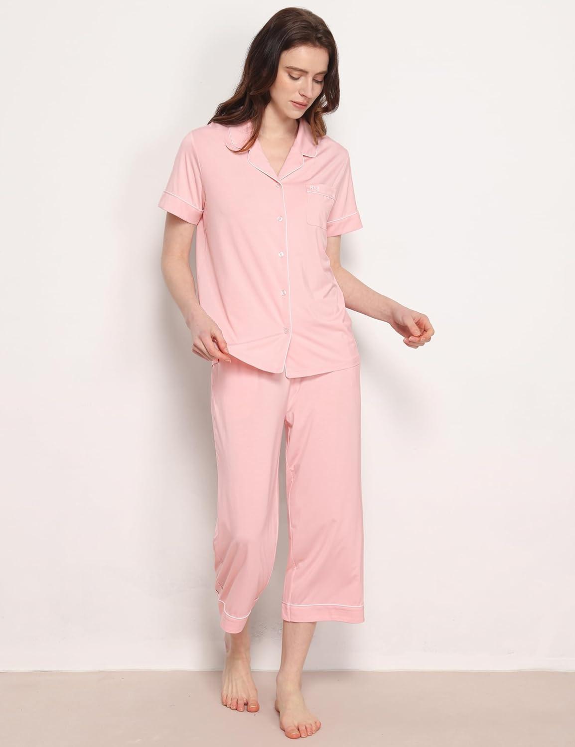 imageGYS Premium Womens Pajama Set Bamboo Viscose 2 Piece Short Sleeve SleepwearPink