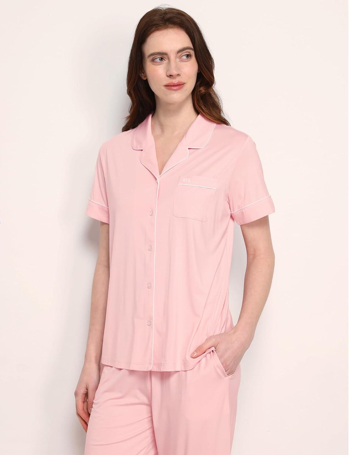 imageGYS Premium Womens Pajama Set Bamboo Viscose 2 Piece Short Sleeve SleepwearPink