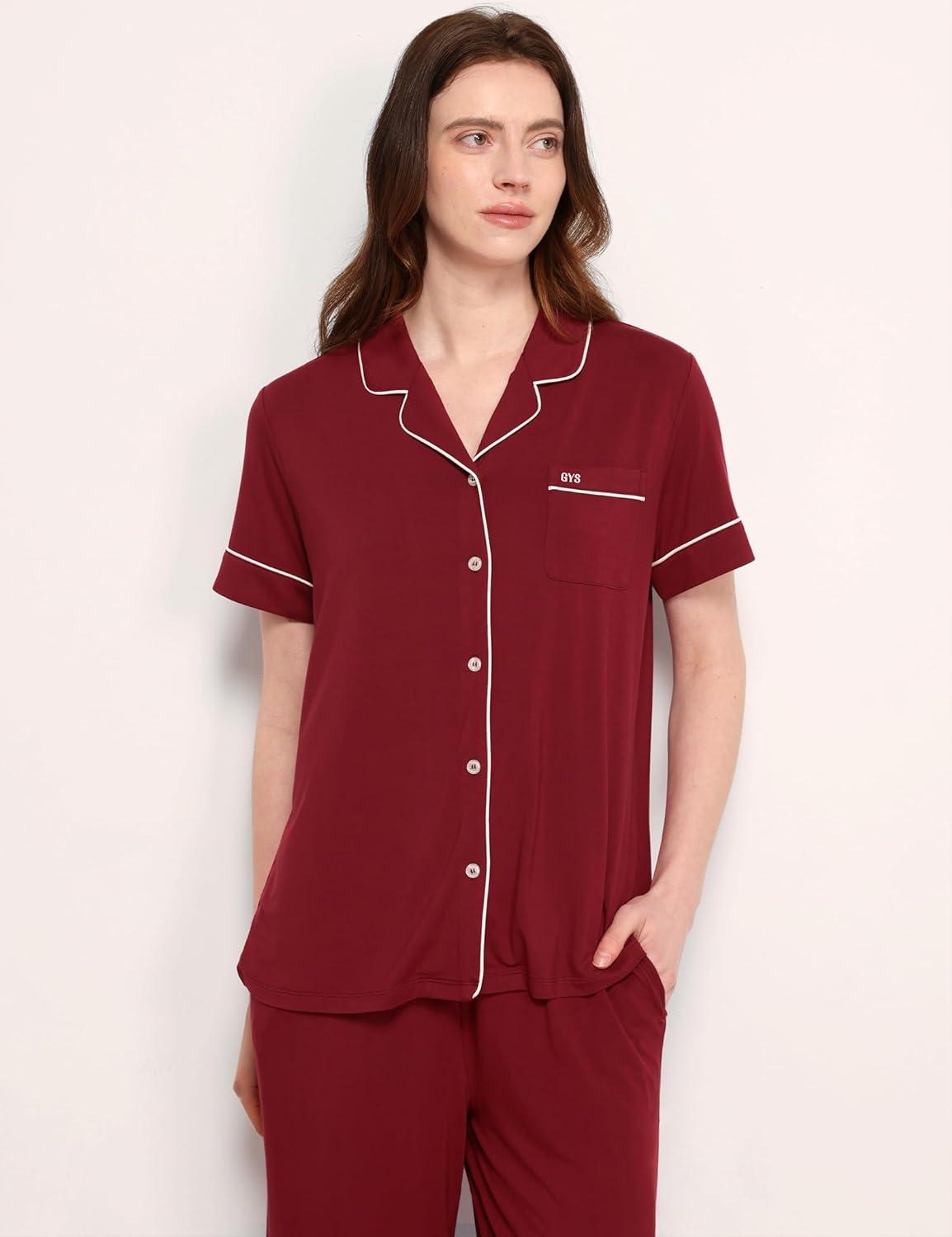 imageGYS Premium Womens Pajama Set Bamboo Viscose 2 Piece Short Sleeve SleepwearWine Red