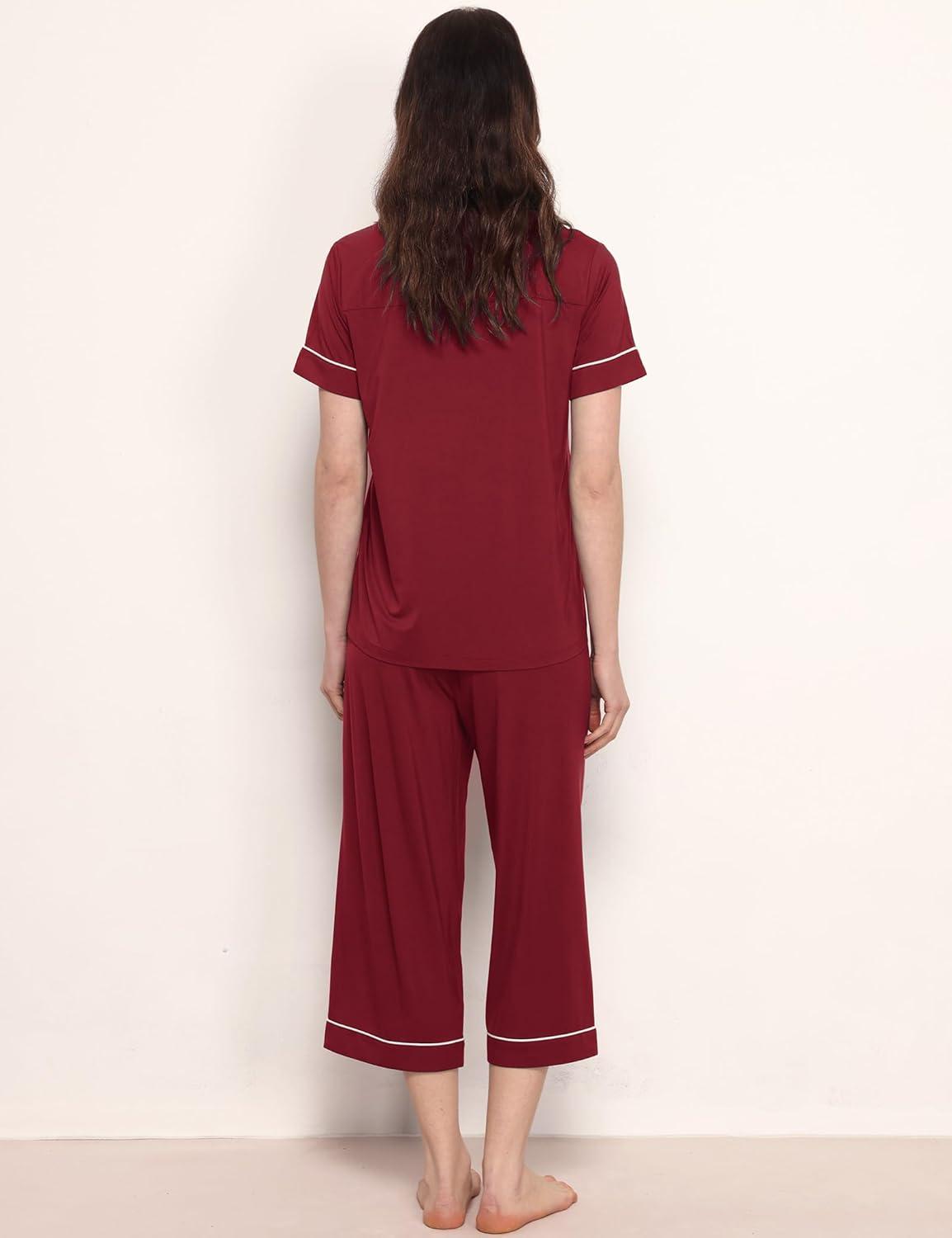 imageGYS Premium Womens Pajama Set Bamboo Viscose 2 Piece Short Sleeve SleepwearWine Red