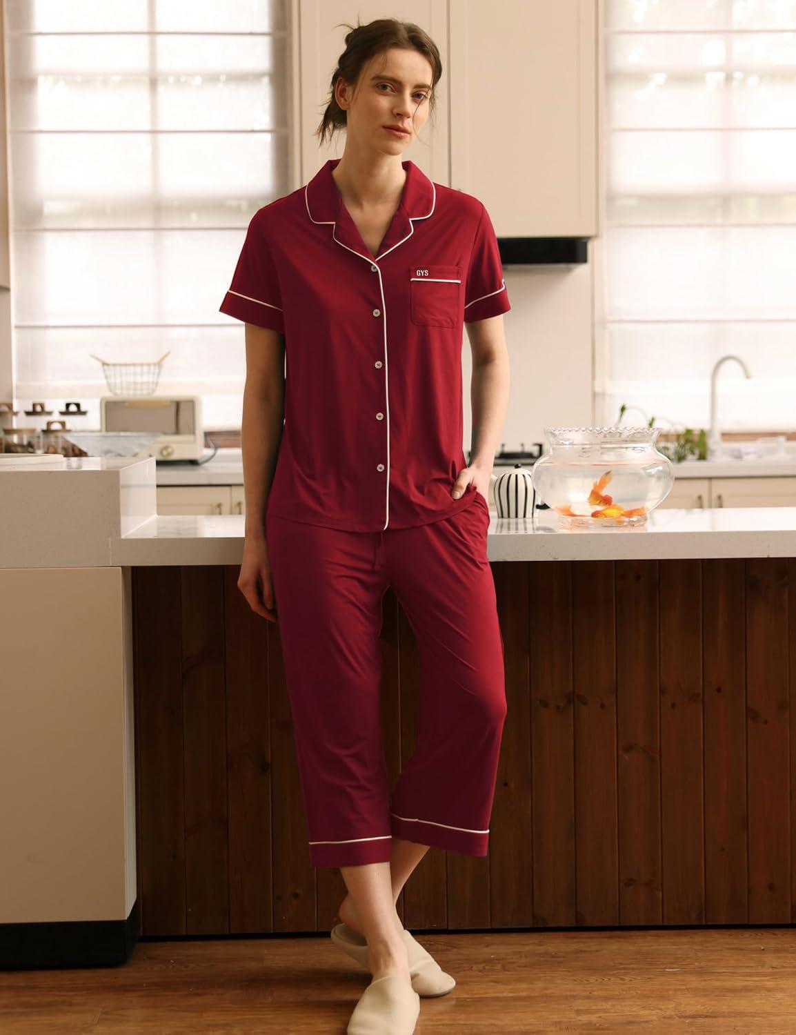 imageGYS Premium Womens Pajama Set Bamboo Viscose 2 Piece Short Sleeve SleepwearWine Red