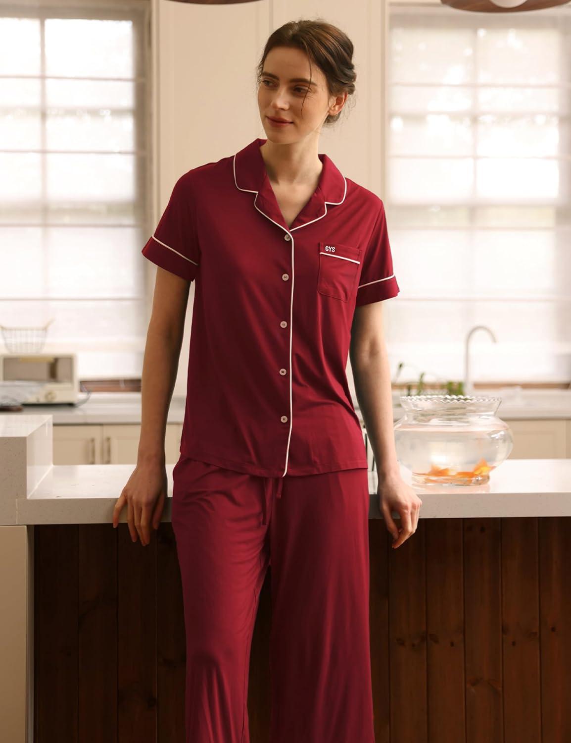 imageGYS Premium Womens Pajama Set Bamboo Viscose 2 Piece Short Sleeve SleepwearWine Red
