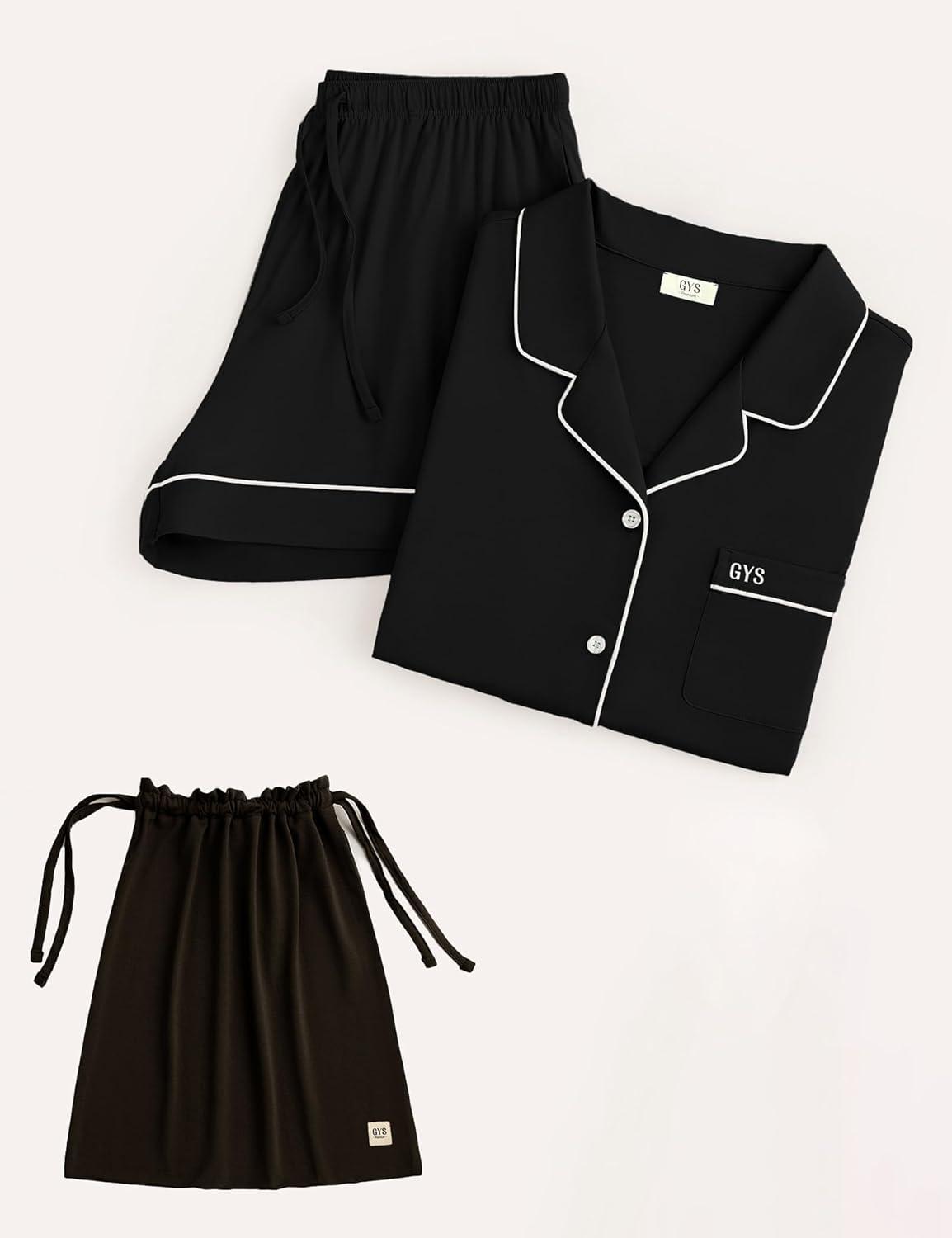 imageGYS Premium Womens Short Sleeve Pajama Set Notch Collar Button Down 2 Piece Sleep Sets Viscose from BambooBlack