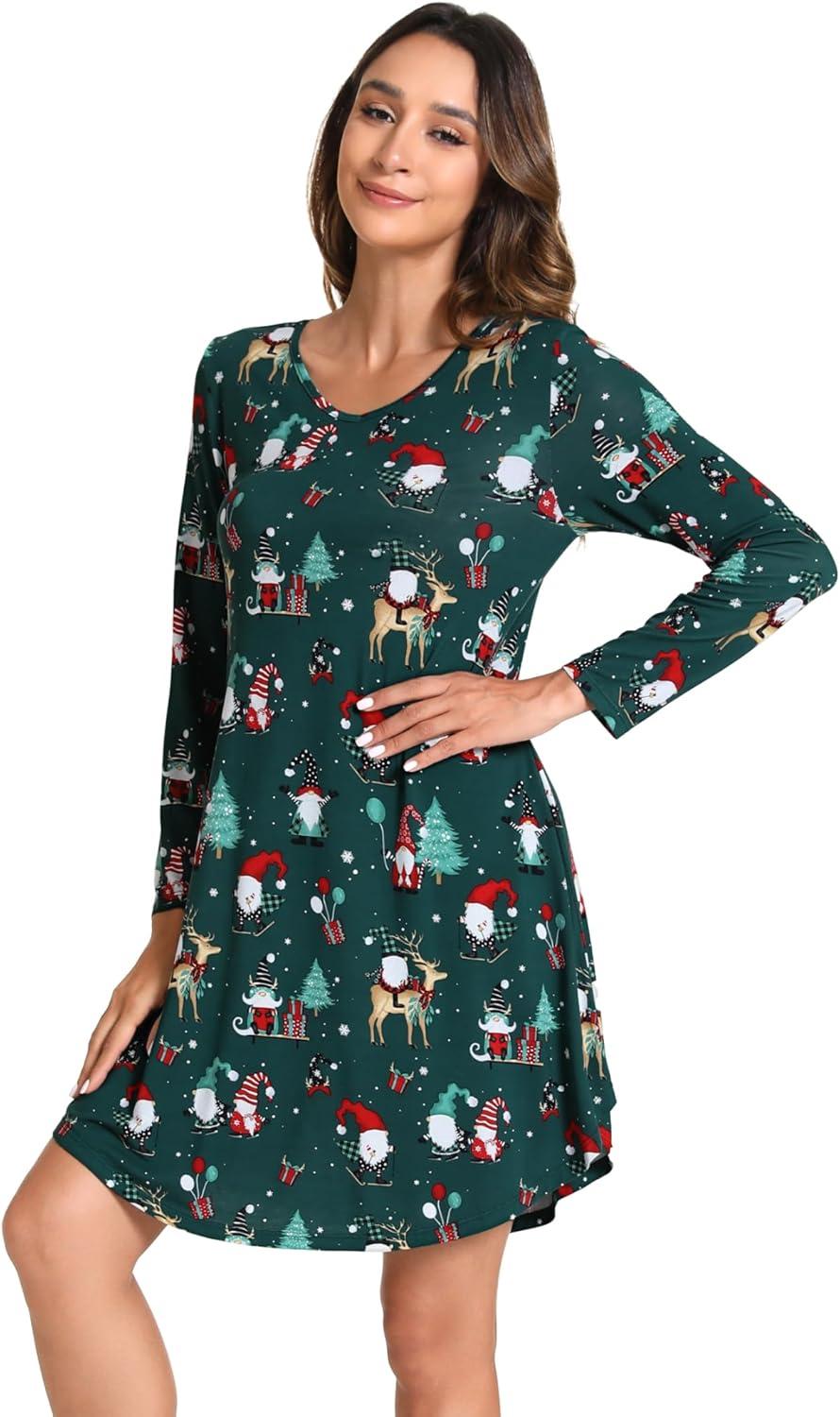 imageGYS Womens Bamboo Viscose Long Sleeve Nightgown Super Soft Lightweight Night Shirts for SleepingCrewneckChristmas Green