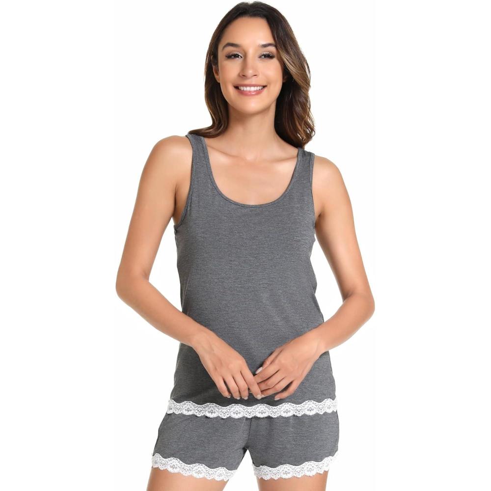 imageGYS Bamboo Viscose Pajamas for Women Ultra Soft Summer Tank Top and Shorts Sleepwear Set with Lace TrimDark Heather Grey