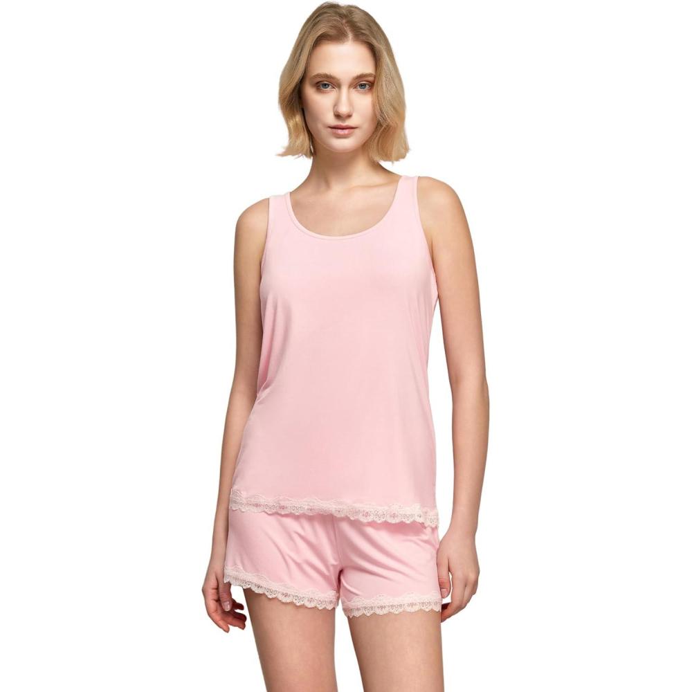 imageGYS Bamboo Viscose Pajamas for Women Ultra Soft Summer Tank Top and Shorts Sleepwear Set with Lace TrimPink