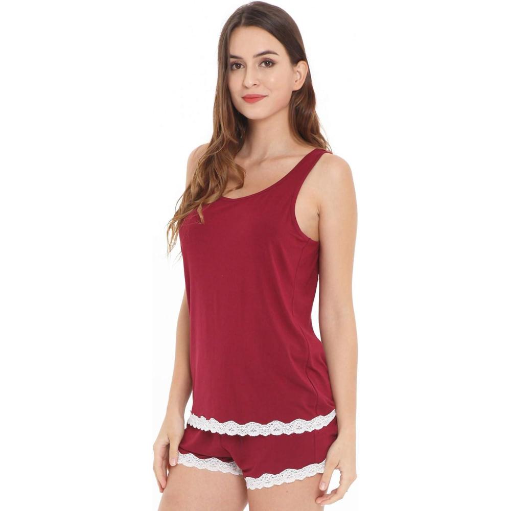 imageGYS Bamboo Viscose Pajamas for Women Ultra Soft Summer Tank Top and Shorts Sleepwear Set with Lace TrimWine Red