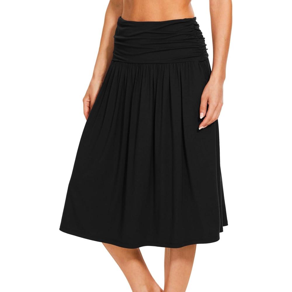 imageGYS Bamboo Viscose Skirts for Women Knee Length Flowy Ruched High Waist Knit ALine Casual Summer Skirt with PocketsBlack
