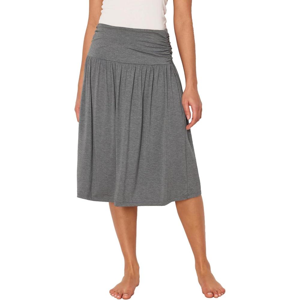 imageGYS Bamboo Viscose Skirts for Women Knee Length Flowy Ruched High Waist Knit ALine Casual Summer Skirt with PocketsDark Heather Grey