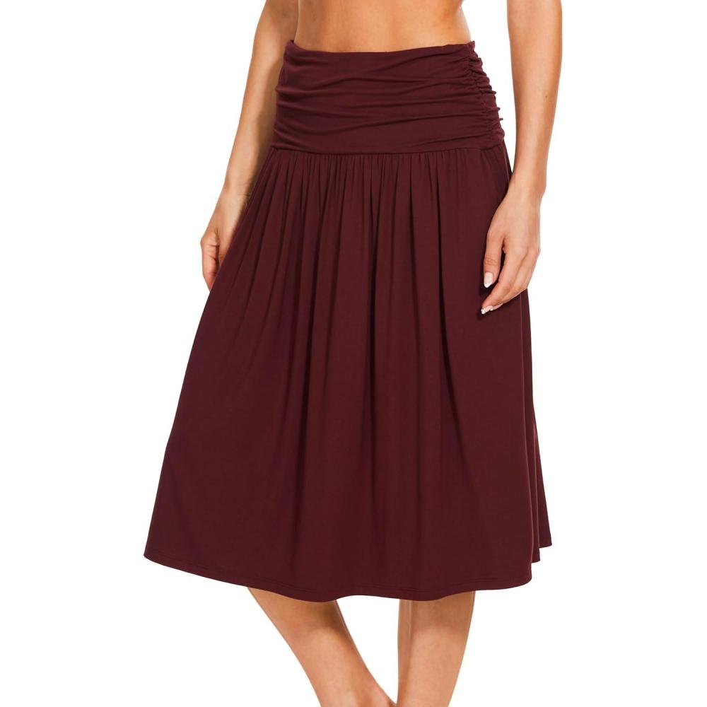 imageGYS Bamboo Viscose Skirts for Women Knee Length Flowy Ruched High Waist Knit ALine Casual Summer Skirt with PocketsFicus Red