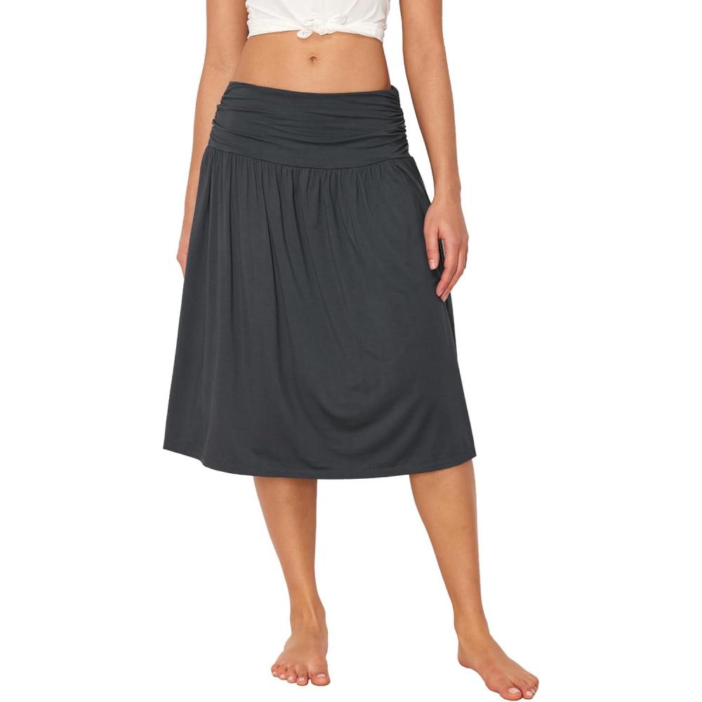 imageGYS Bamboo Viscose Skirts for Women Knee Length Flowy Ruched High Waist Knit ALine Casual Summer Skirt with PocketsMidnight Blue
