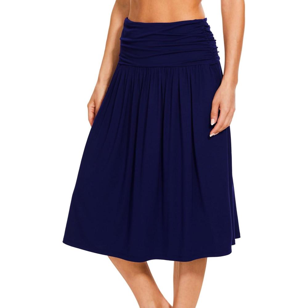 imageGYS Bamboo Viscose Skirts for Women Knee Length Flowy Ruched High Waist Knit ALine Casual Summer Skirt with PocketsNavy