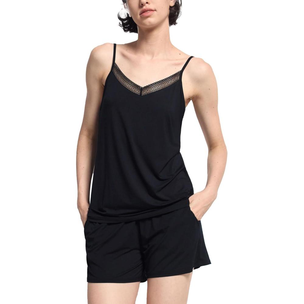 imageGYS Cami Pajama Set for Women Soft Bamboo Viscose Camisole Tops and Shorts SleepwearBlack