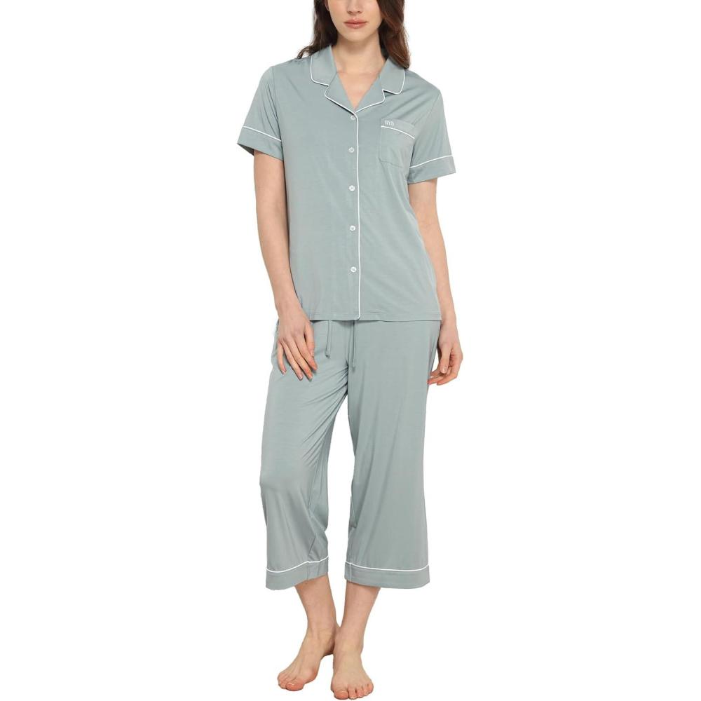 imageGYS Premium Womens Pajama Set Bamboo Viscose 2 Piece Short Sleeve SleepwearLight Greyish Green