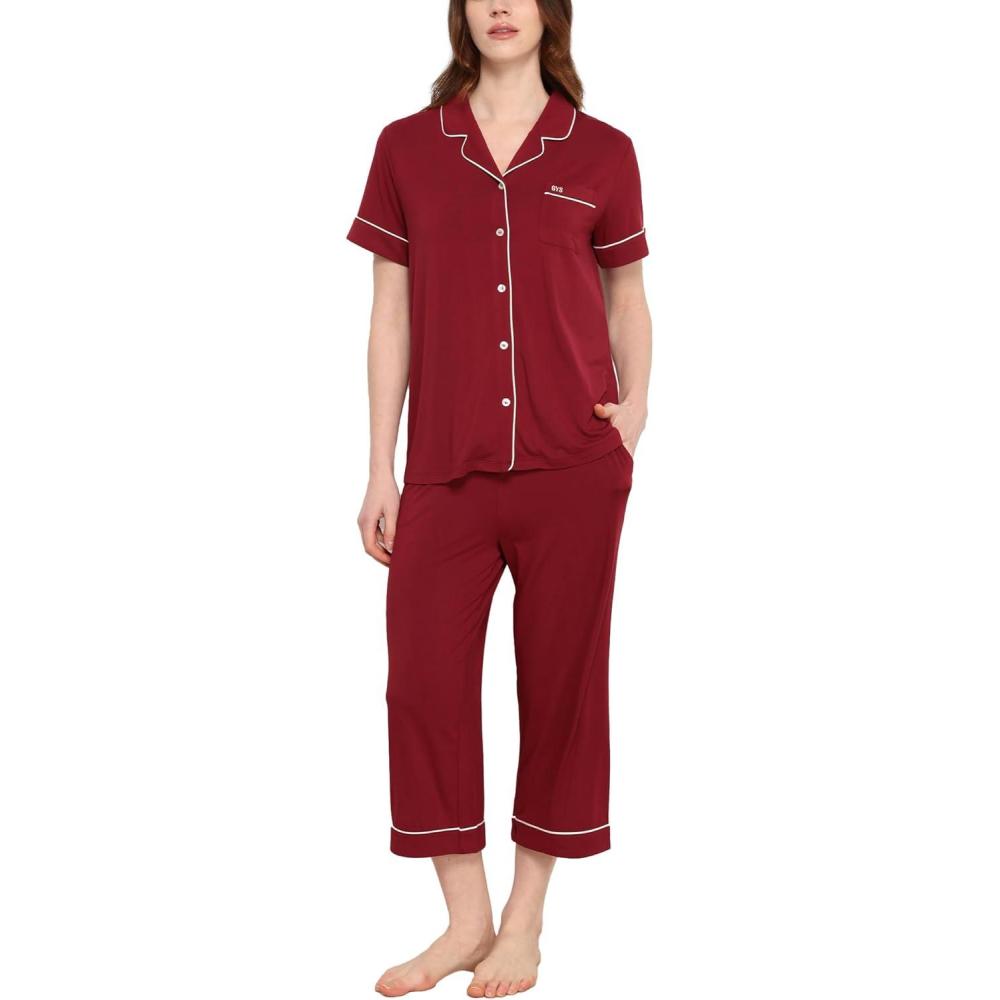 imageGYS Premium Womens Pajama Set Bamboo Viscose 2 Piece Short Sleeve SleepwearWine Red