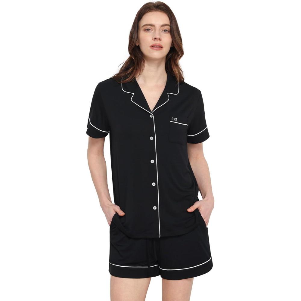 imageGYS Premium Womens Short Sleeve Pajama Set Notch Collar Button Down 2 Piece Sleep Sets Viscose from BambooBlack
