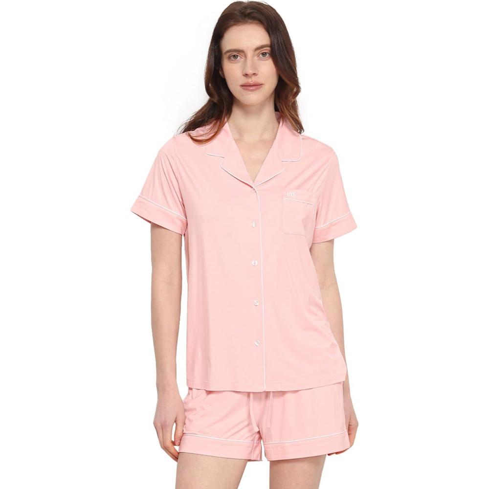 imageGYS Premium Womens Short Sleeve Pajama Set Notch Collar Button Down 2 Piece Sleep Sets Viscose from BambooPink