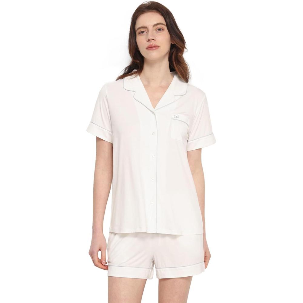 imageGYS Premium Womens Short Sleeve Pajama Set Notch Collar Button Down 2 Piece Sleep Sets Viscose from BambooWhite