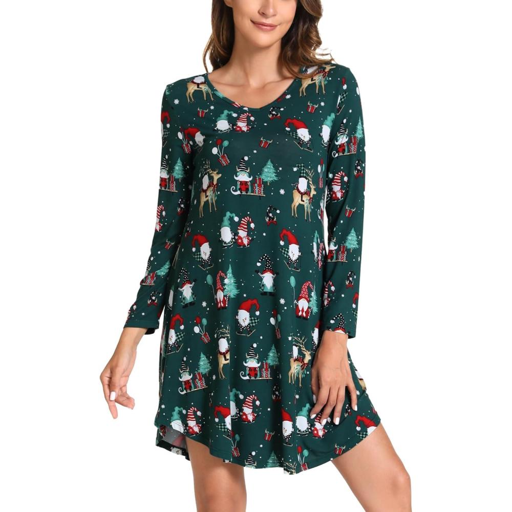 imageGYS Womens Bamboo Viscose Long Sleeve Nightgown Super Soft Lightweight Night Shirts for SleepingCrewneckChristmas Green