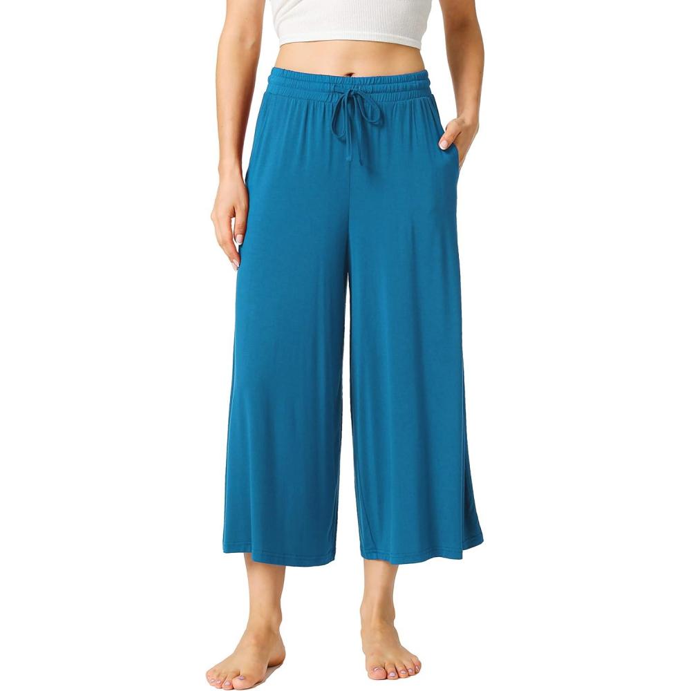 imageLazyCozy Womens BambooDerived Viscose Capri Pajama Pants Casual Wide Leg Lounge Pants Pajama BottomsTeal Blue