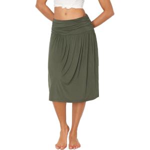 GYS Bamboo Viscose Skirts for Women Knee Length Flowy Ruched High Waist Knit A-Line Casual Summer Skirt with Pockets(Army Green)