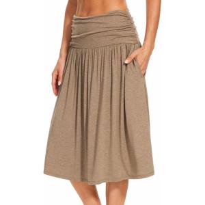 GYS Bamboo Viscose Skirts for Women Knee Length Flowy Ruched High Waist Knit A-Line Casual Summer Skirt with Pockets(Camel)