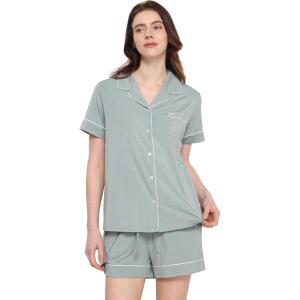 GYS Premium Women’s Short Sleeve Pajama Set Notch Collar Button Down 2 Piece Sleep Sets, Viscose from Bamboo(Light Greyish Green)