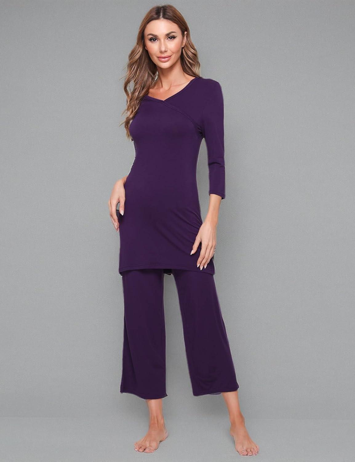 imageGYS Bamboo Viscose Capri Pajamas for Women Set 34 Sleeve Long Shirts and Capri Pants Lounge Sets Soft Sleepwear PJs SetPurple
