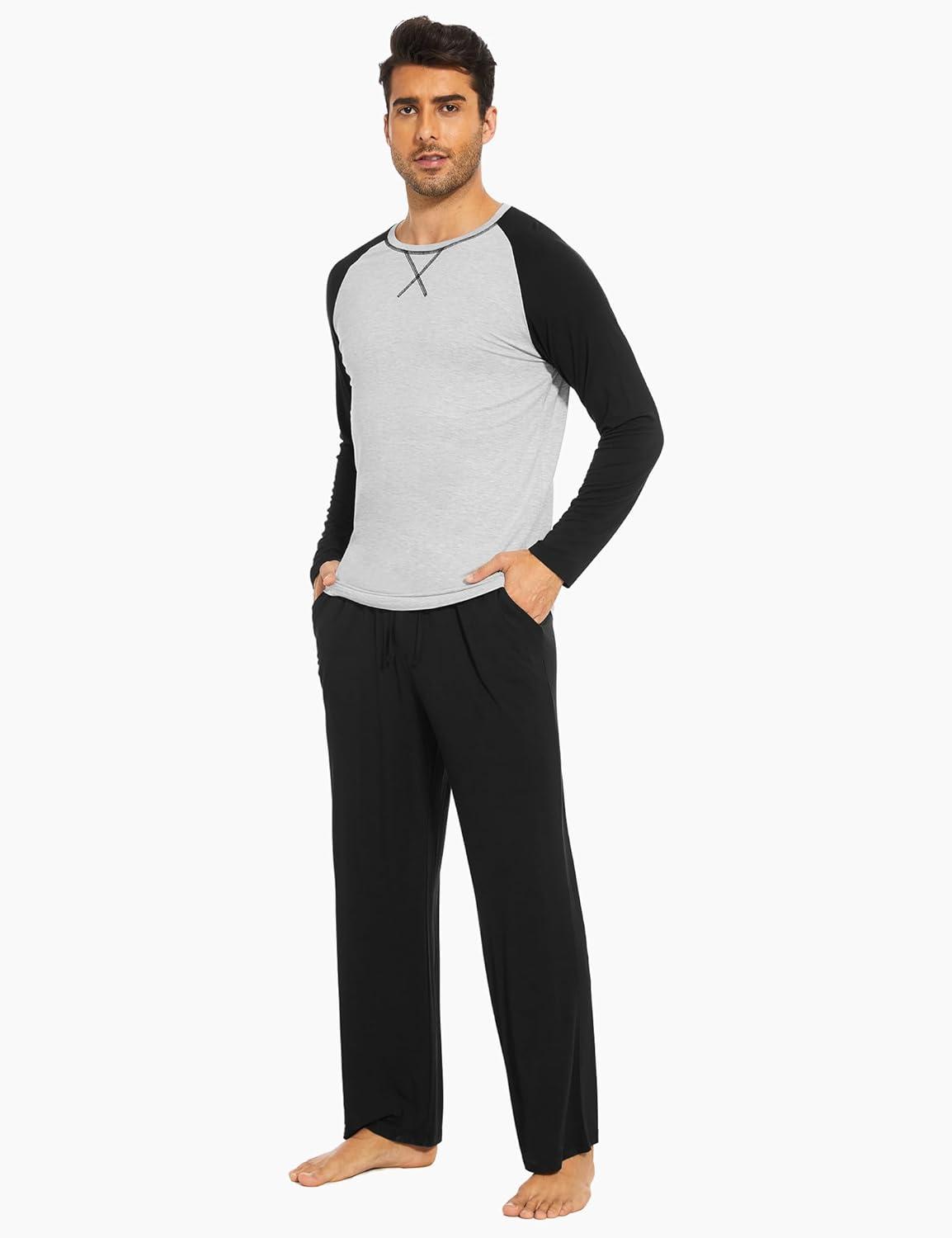 imageGYS Bamboo Viscose Mens Pajama Sets Long Sleeve 2 Piece Lounge Set with PocketsBlack